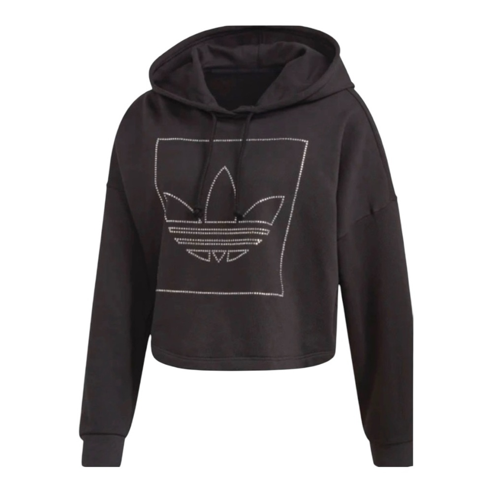 ADIDAS NWT Black Cropped Rhinestone logo Sweatshirt Hoodie Size Medium - Picture 3 of 4